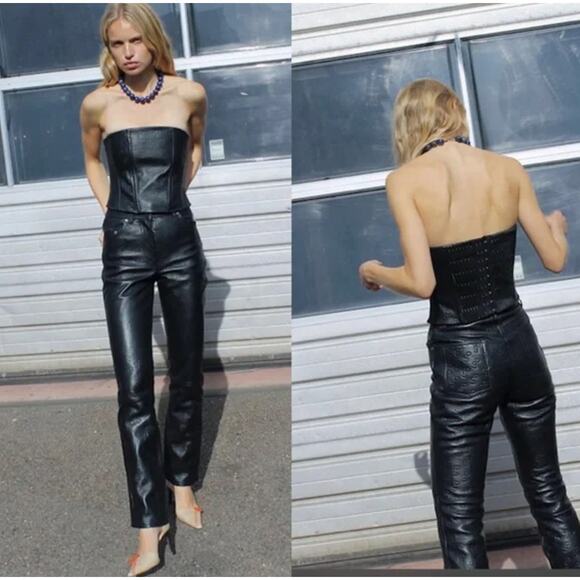 Saks Potts Rosita Black Leather Logo Embossed Trousers Pants - Picture 8 of 16